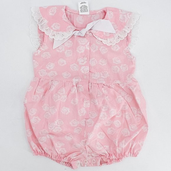 Vintage Pink & White Floral Lace Trim Peter Pan Collar Romper - 12 Months